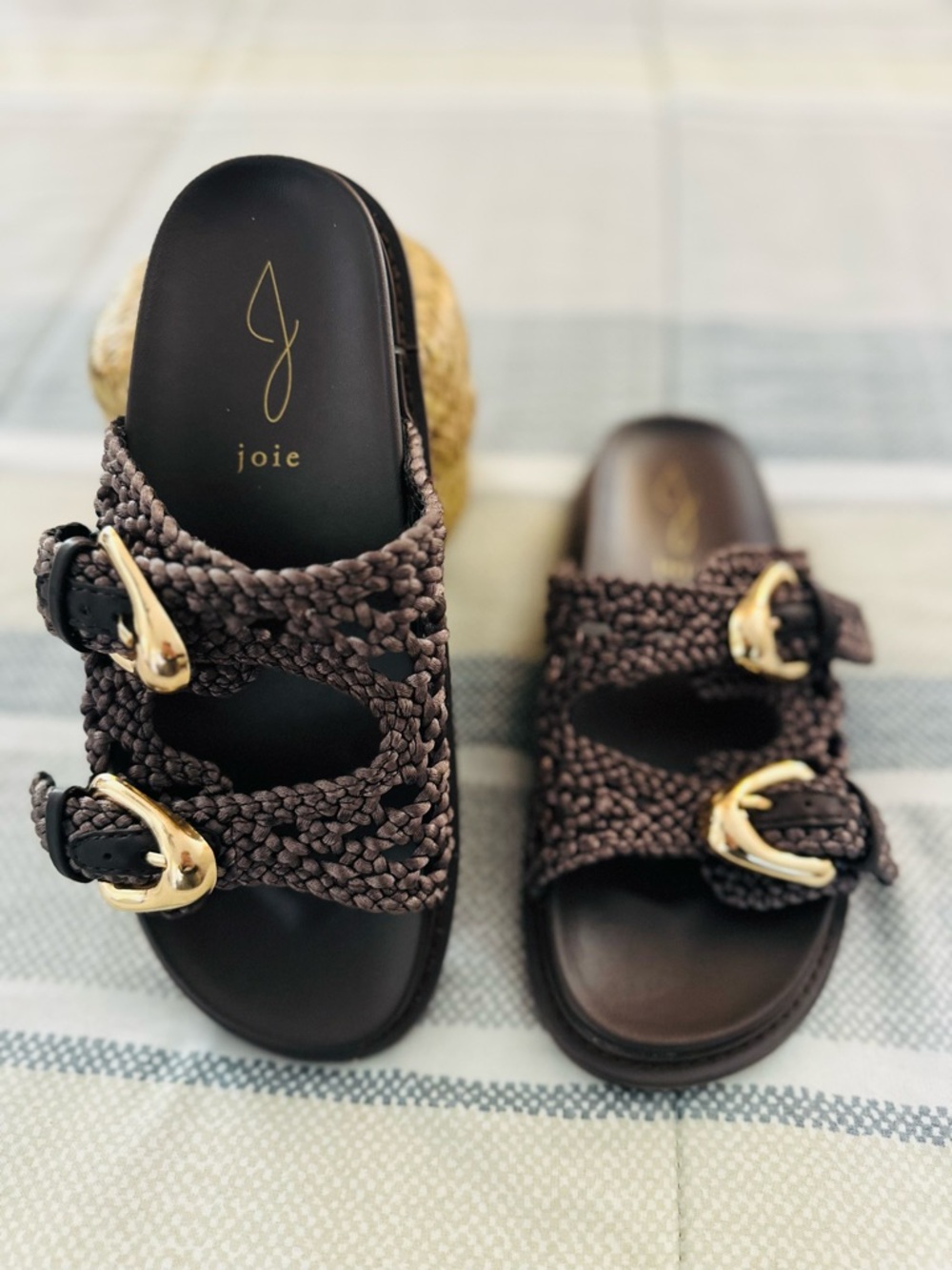 Joie Dark Brown Braided Double-Buckle Slide Sandals - Women's